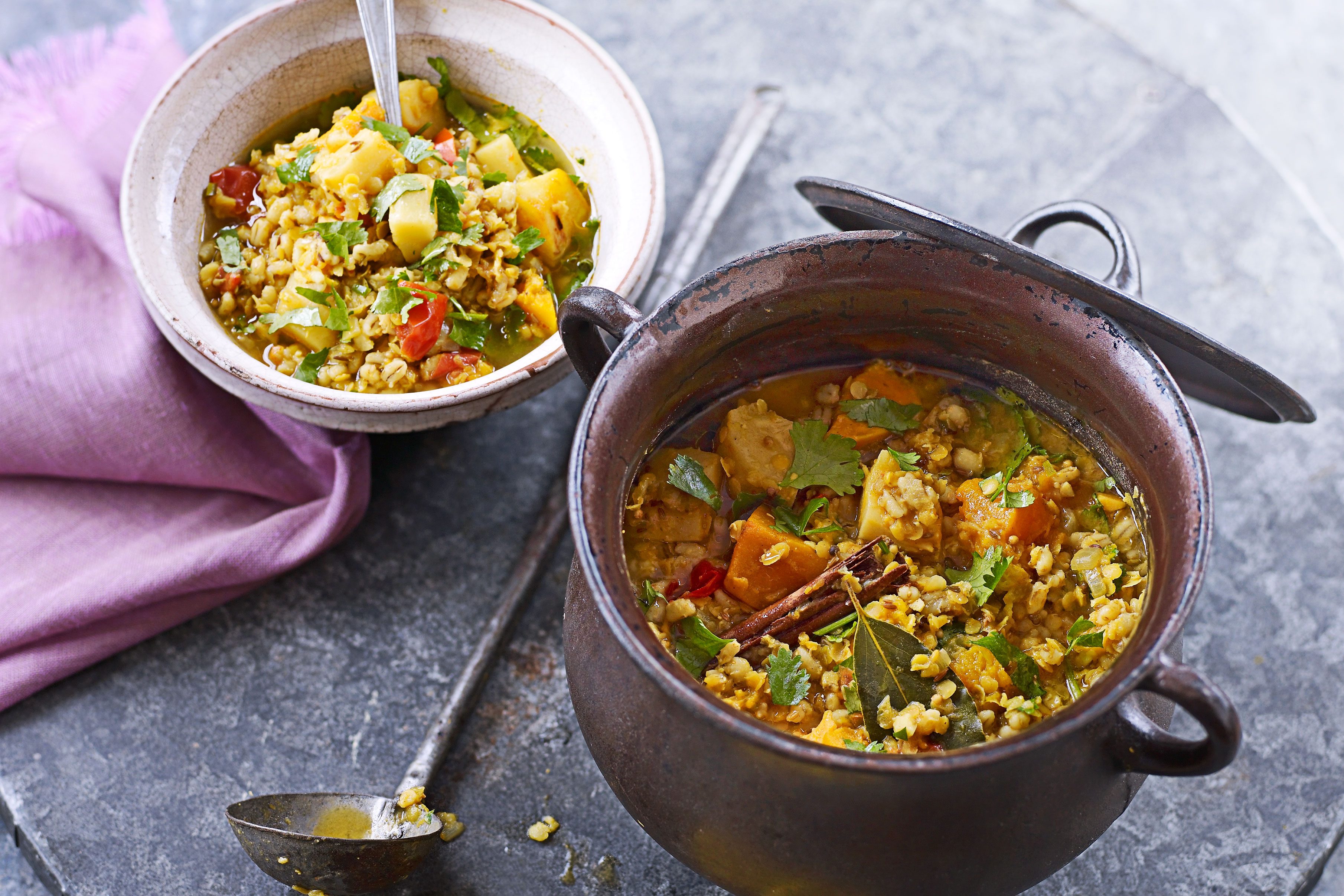 Lidded pot and bowl of Indian winter soup