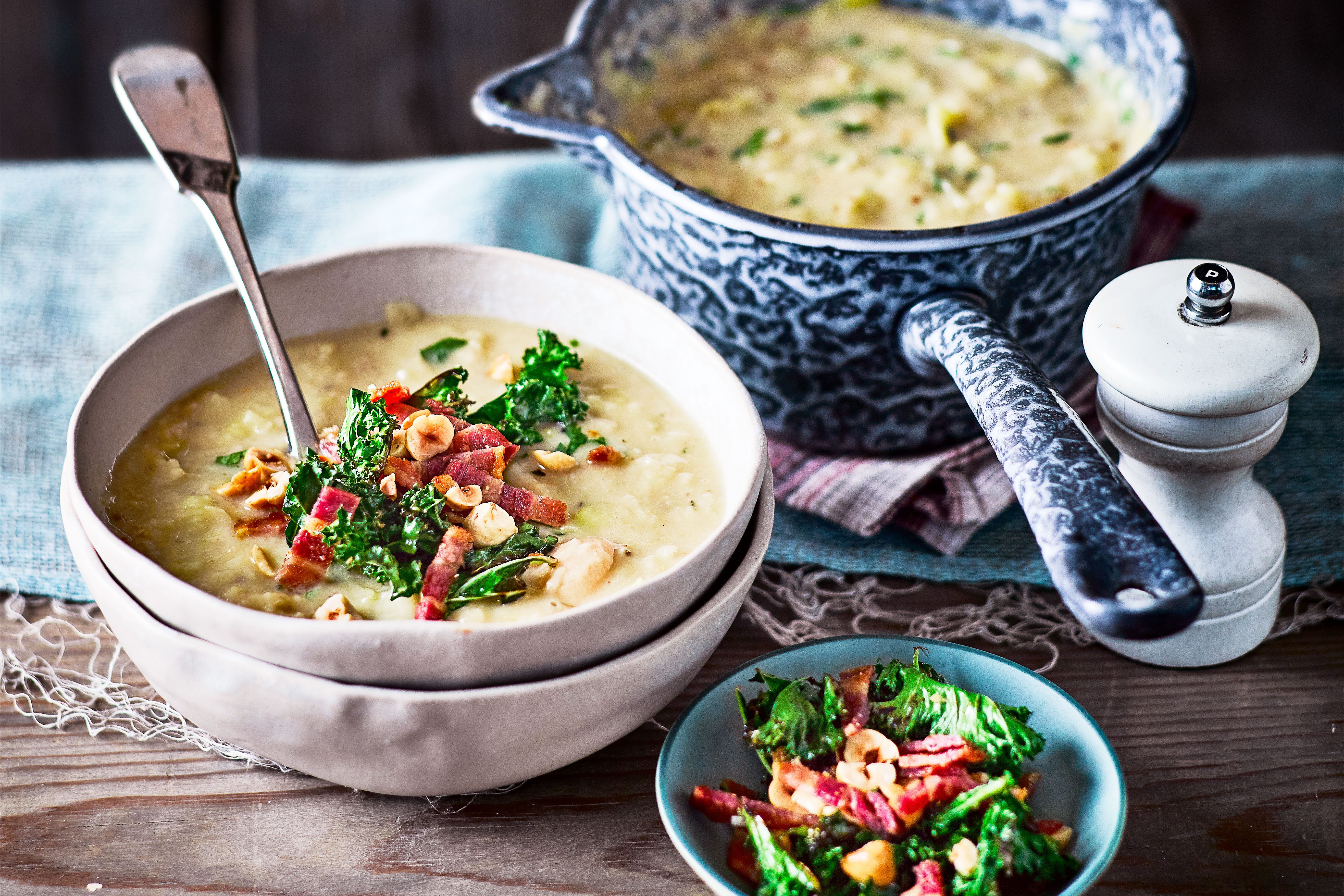 Leek & butter bean soup with crispy kale & bacon Leek & butter bean soup with crispy kale & bacon