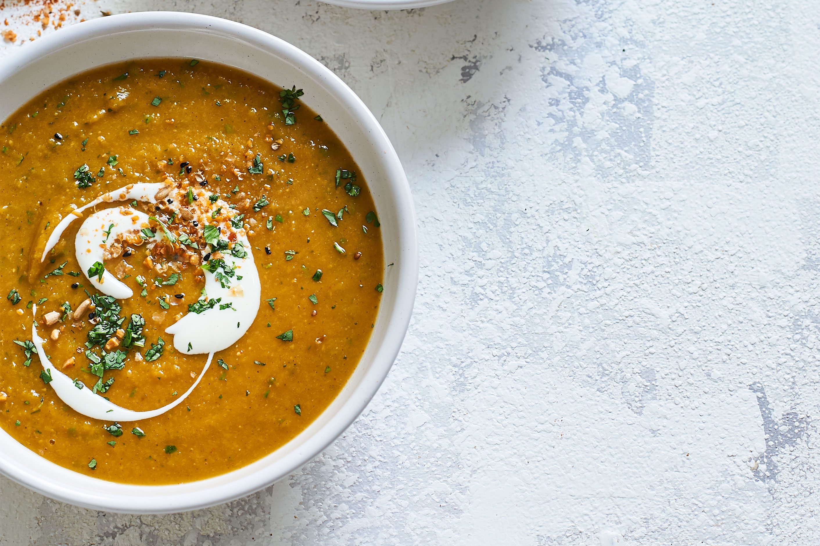 Spiced lentil & butternut squash soup Bowl of spiced lentil & butternut squash soup