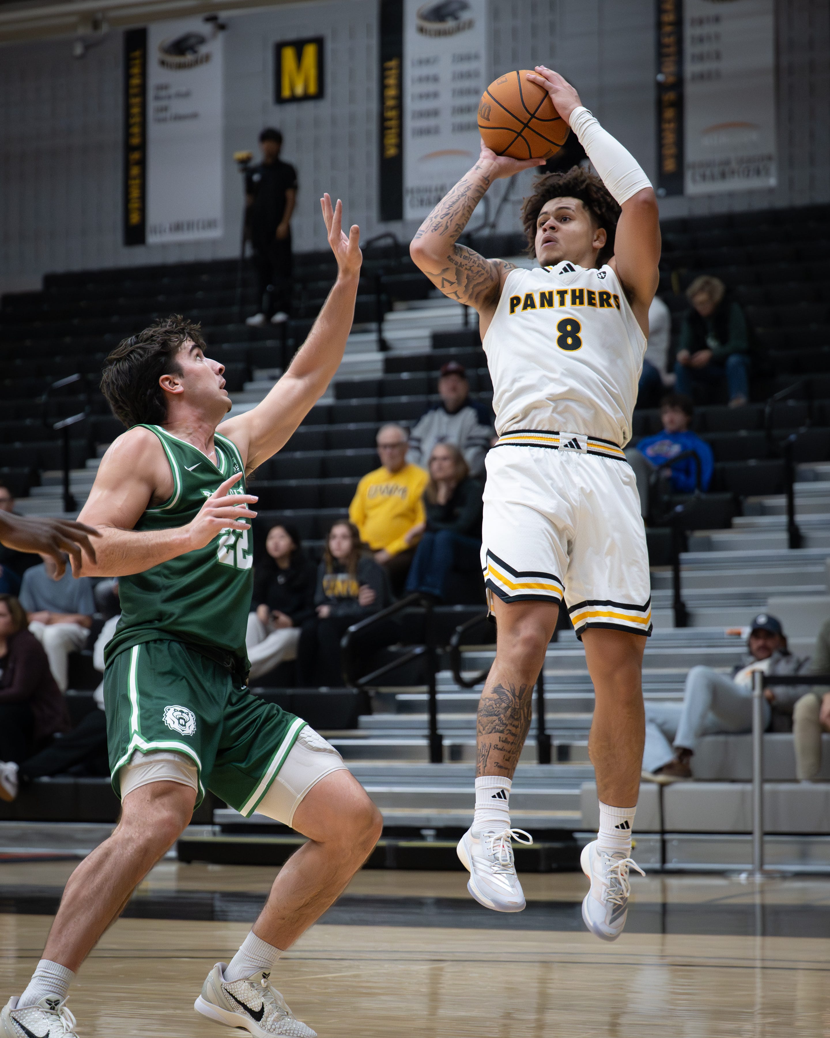 Guard Stevie Elam, seen in an exhibition game, had 16 points, six rebounds and three blocked shots in the Panthers' opener Nov. 3.