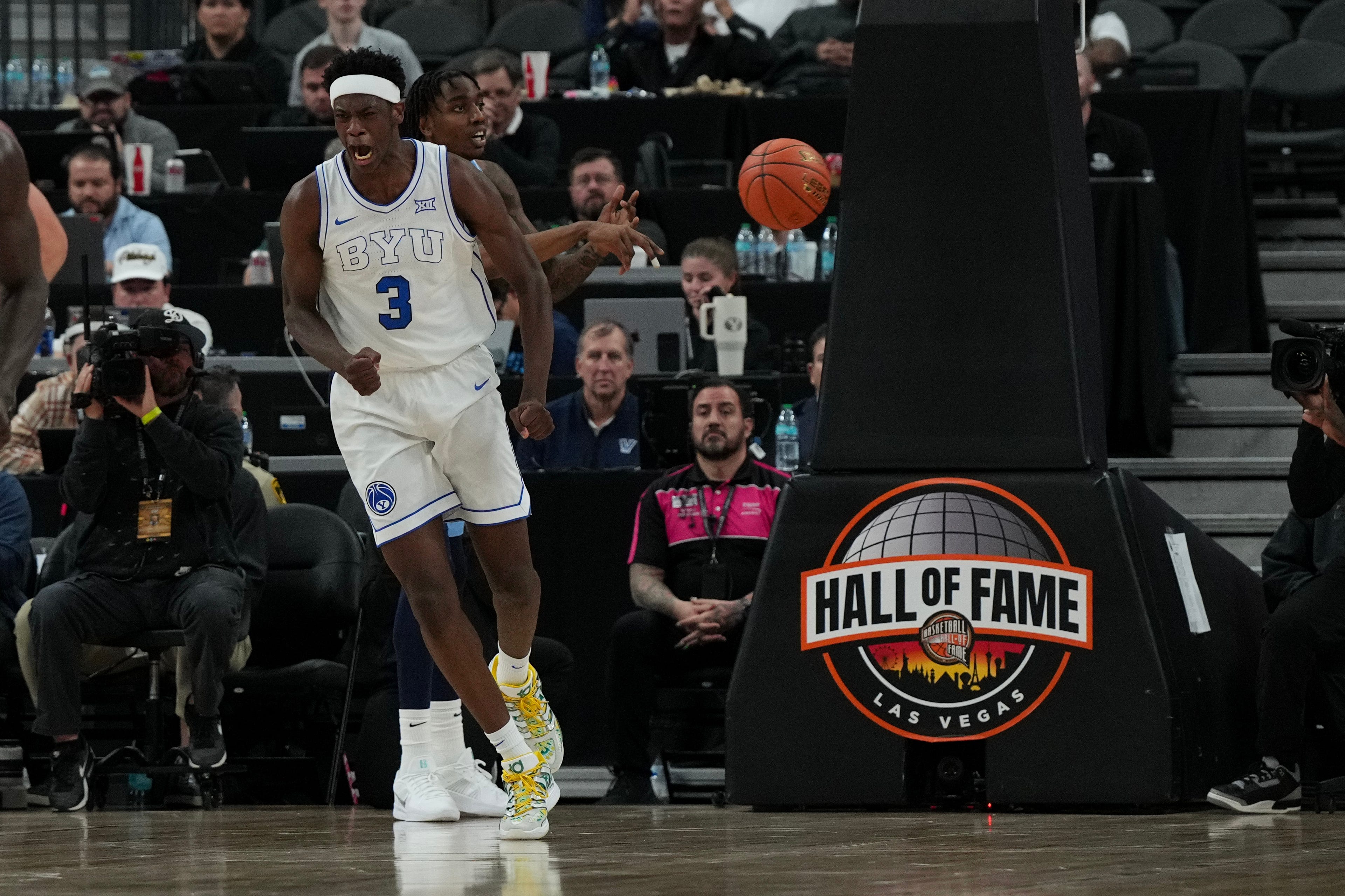 BYU Cougars forward AJ Dybantsa (3) reacts after scoring against the Villanova Wildcats during the second half of the Hall of Fame Series game at T-Mobile Arena.