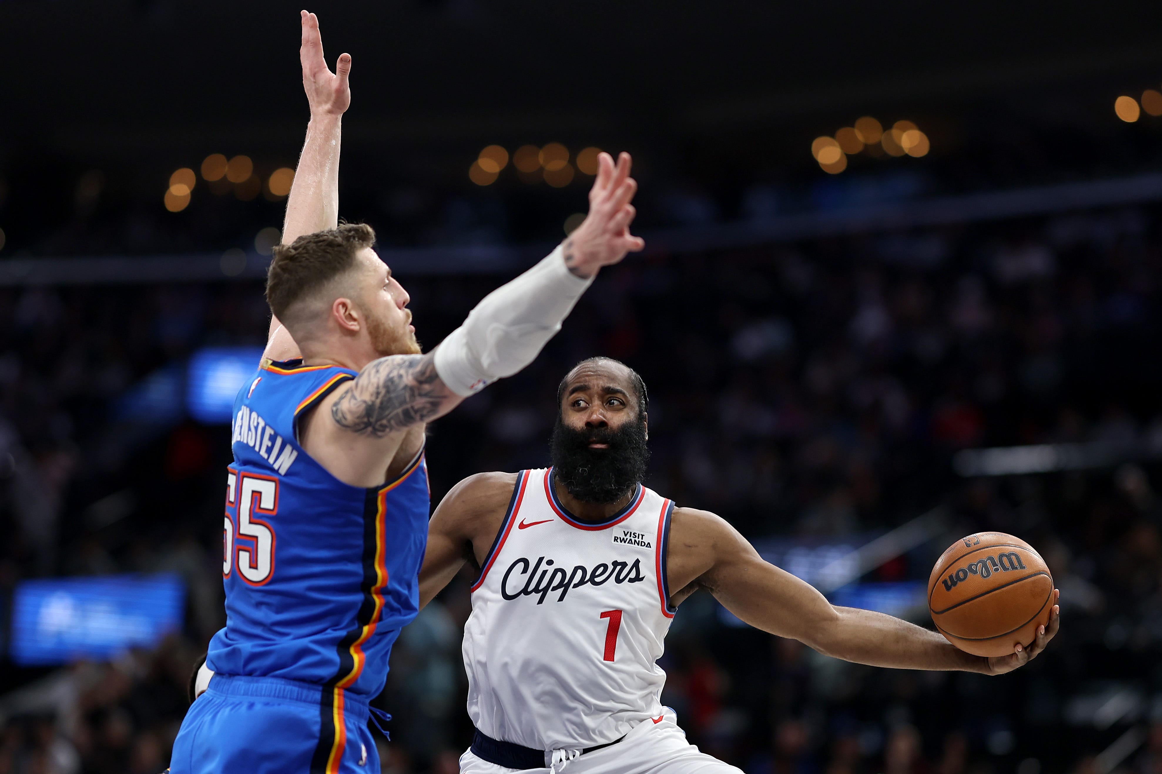 INGLEWOOD, CALIFORNIA - NOVEMBER 04: James Harden #1 of the Los Angeles Clippers looks to pass against Isaiah Hartenstein #55 of the Oklahoma City Thunder during the second quarter at Intuit Dome on November 04, 2025 in Inglewood, California. NOTE TO USER: User expressly acknowledges and agrees that, by downloading and or using this photograph, user is consenting to the terms and conditions of the Getty Images License Agreement. (Photo by Luke Hales/Getty Images)