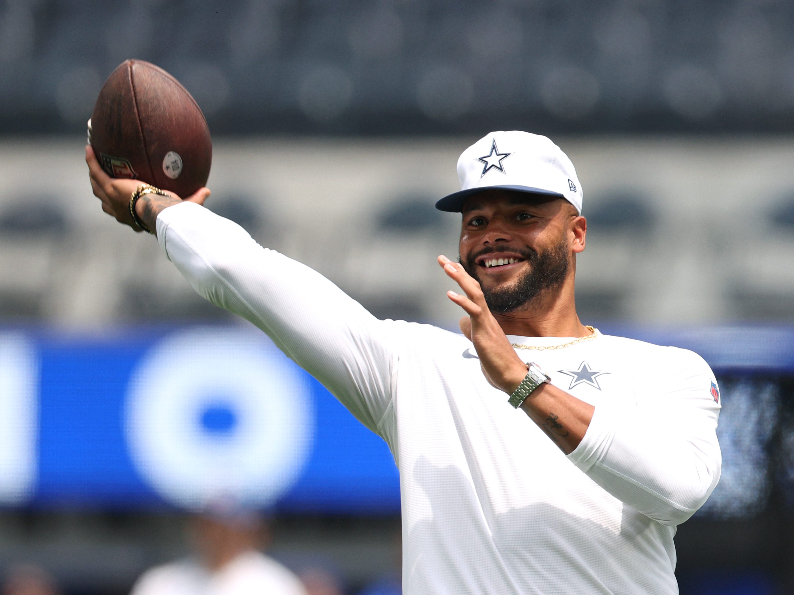 INGLEWOOD, CALIFORNIA - AUGUST 11: Dak Prescott #4 of the Dallas Cowboys throws before a preseason game the Los Angeles Rams at SoFi Stadium on August 11, 2024 in Inglewood, California. (Photo by Harry How/Getty Images)