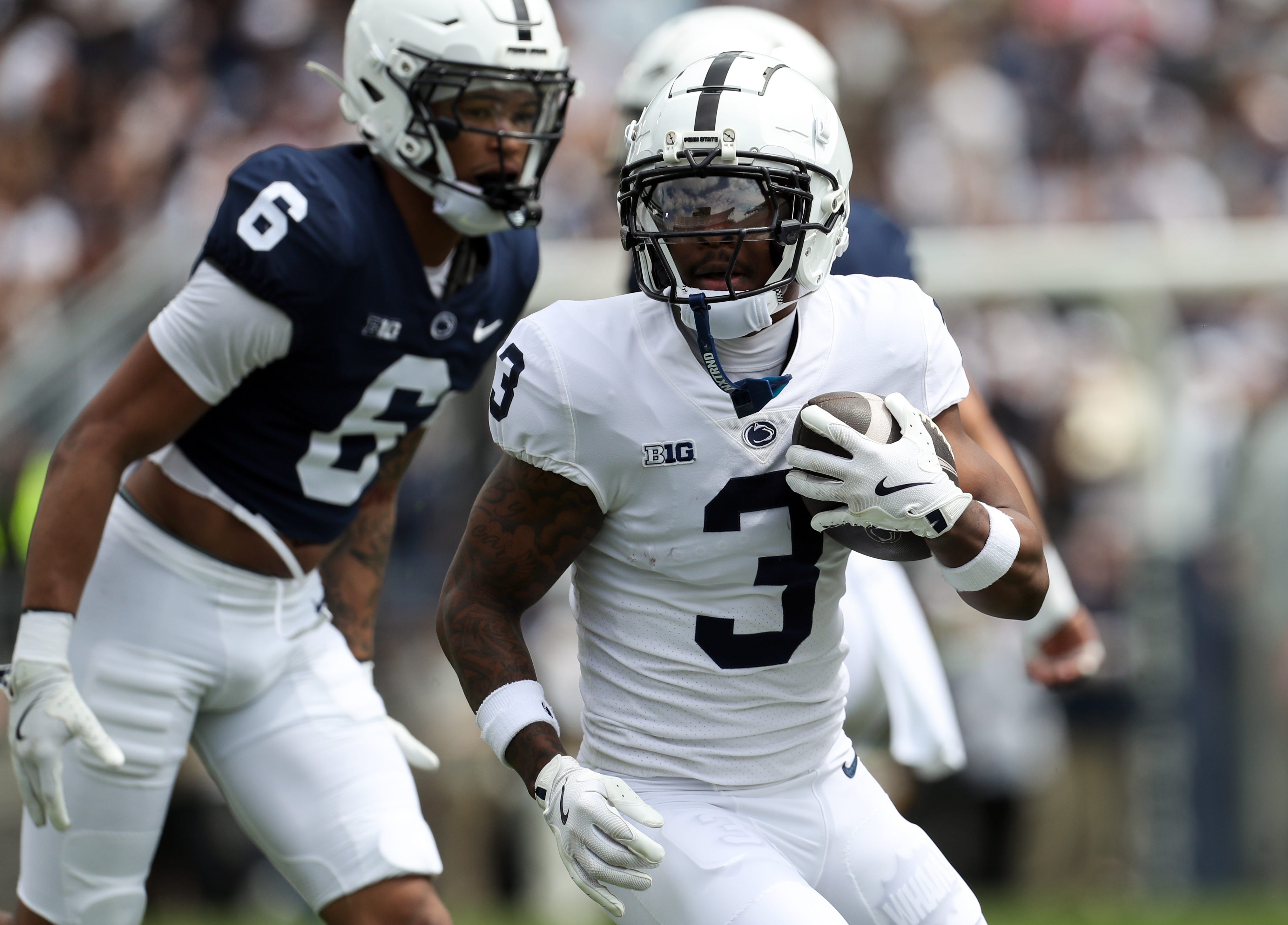 Apr 26, 2025; University Park, PA, USA; Penn State Nittany Lions wide receiver Koby Howard (3) runs with the ball during the first quarter of the Blue White spring game at Beaver Stadium. The White team defeated the Blue team 10-8. Mandatory Credit: Matthew O'Haren-Imagn Images