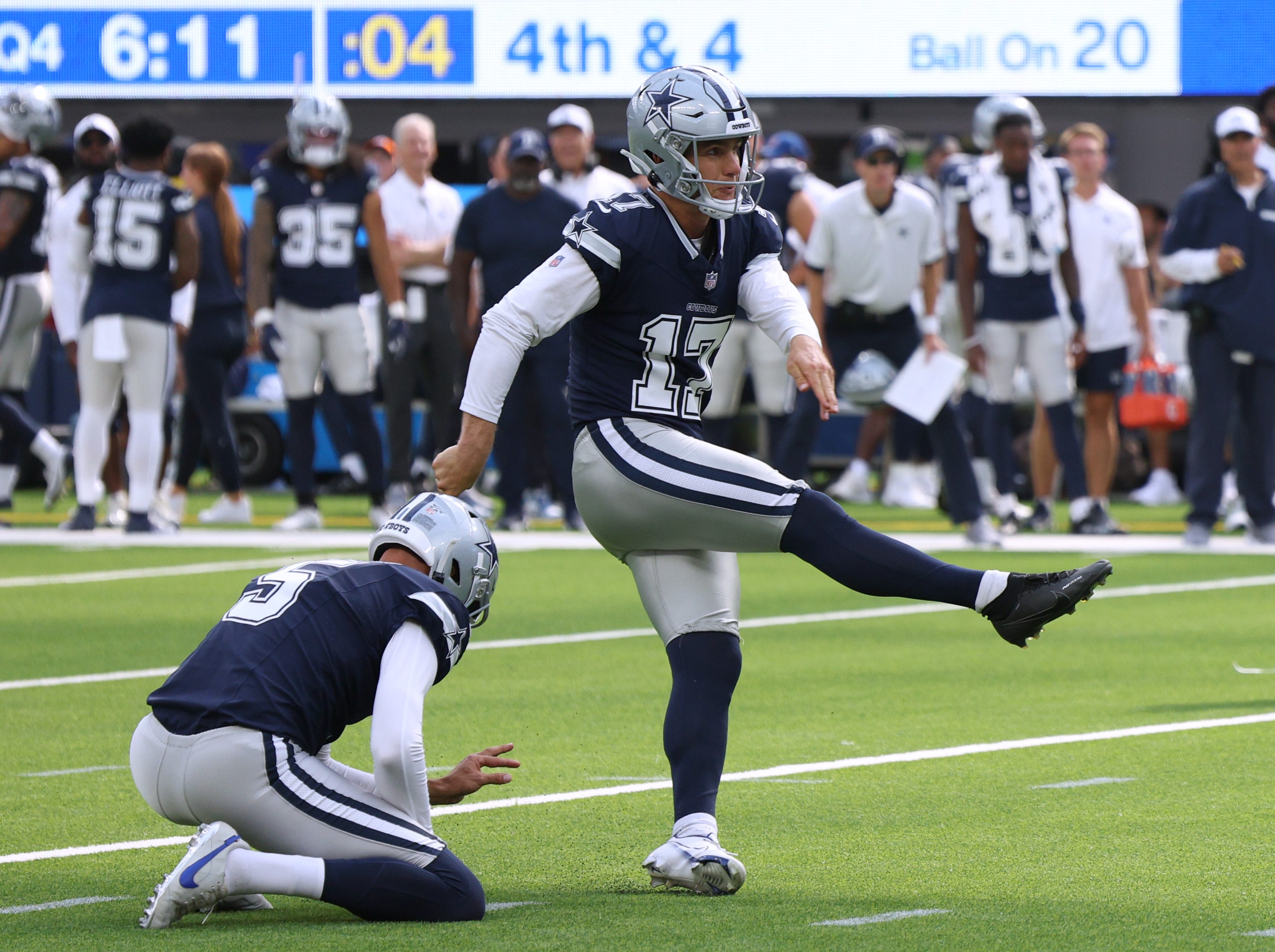 INGLEWOOD, CALIFORNIA - AUGUST 11: Brandon Aubrey #17 of the Dallas Cowboys watches his field goal with Bryan Anger #5, to take a 12-6 lead over the Los Angeles Rams, in a 13-12 Rams win during a preseason game at SoFi Stadium on August 11, 2024 in Inglewood, California. (Photo by Harry How/Getty Images)