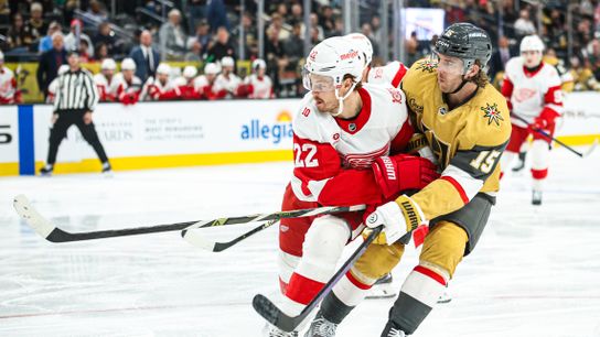 Vegas Golden Knights D Noah Hanifin (15) defended by Detroit Red Wings C Mason Appleton (22) during an NHL game on Tuesday November 4, 2025, in Las Vegas, Nevada.
