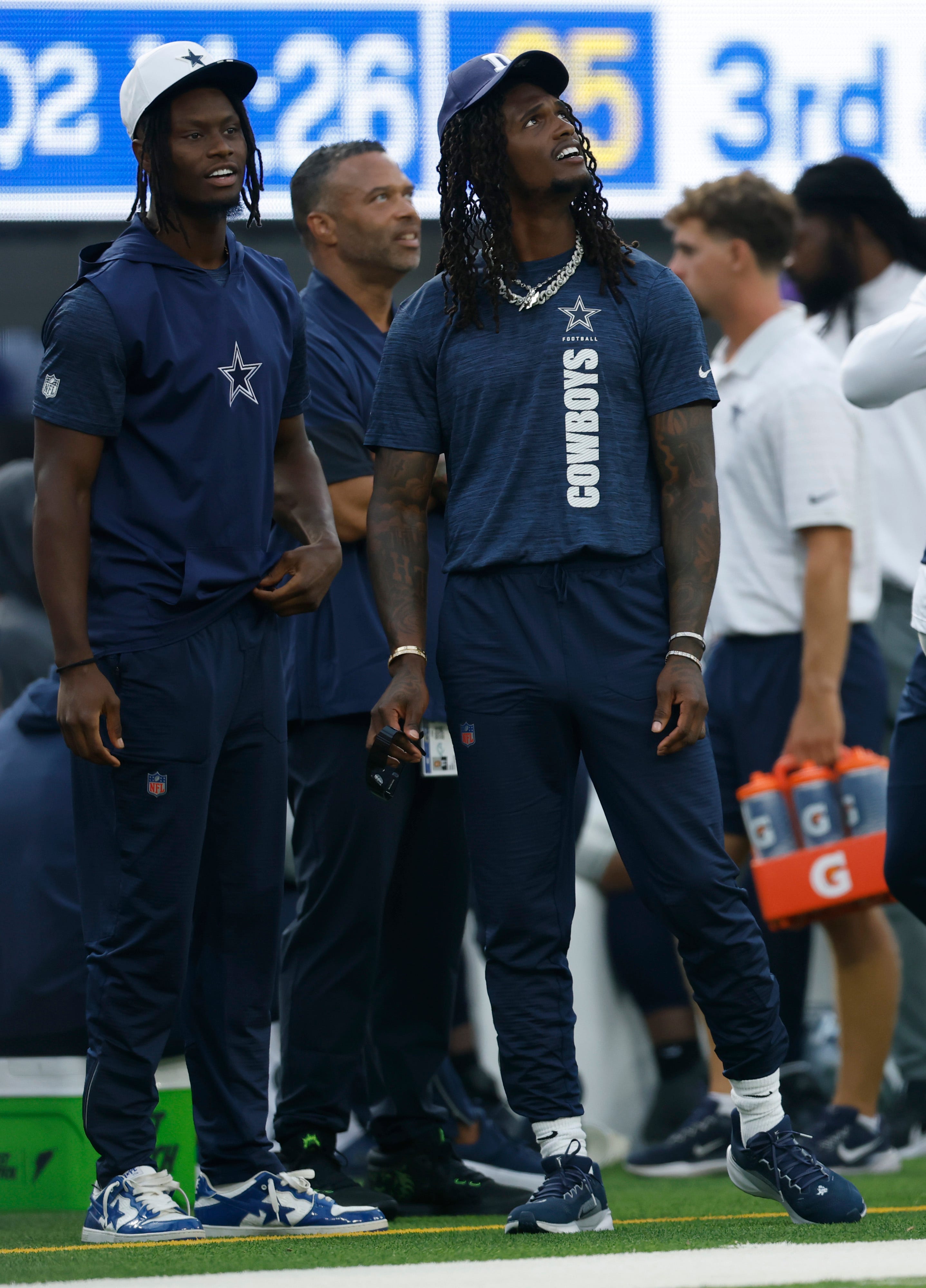 INGLEWOOD, CALIFORNIA - AUGUST 09: George Pickens #3 and CeeDee Lamb #88 of the Dallas Cowboys on the sidelines during the second quarter in a NFL Preseason 2025 game between Dallas Cowboys and Los Angeles Rams at SoFi Stadium on August 09, 2025 in Inglewood, California. (Photo by Harry How/Getty Images)