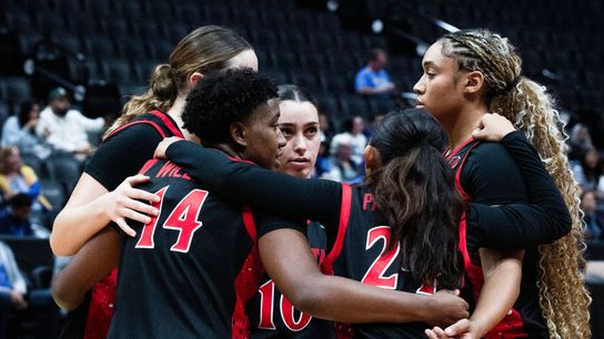 The San Diego State women's basketball team huddles during the Orange County Hoops Classic against the No. 3 UCLA Bruins at the Honda Center on Monday, Nov. 3, 2025. Image courtesy of SDSU Athletics.