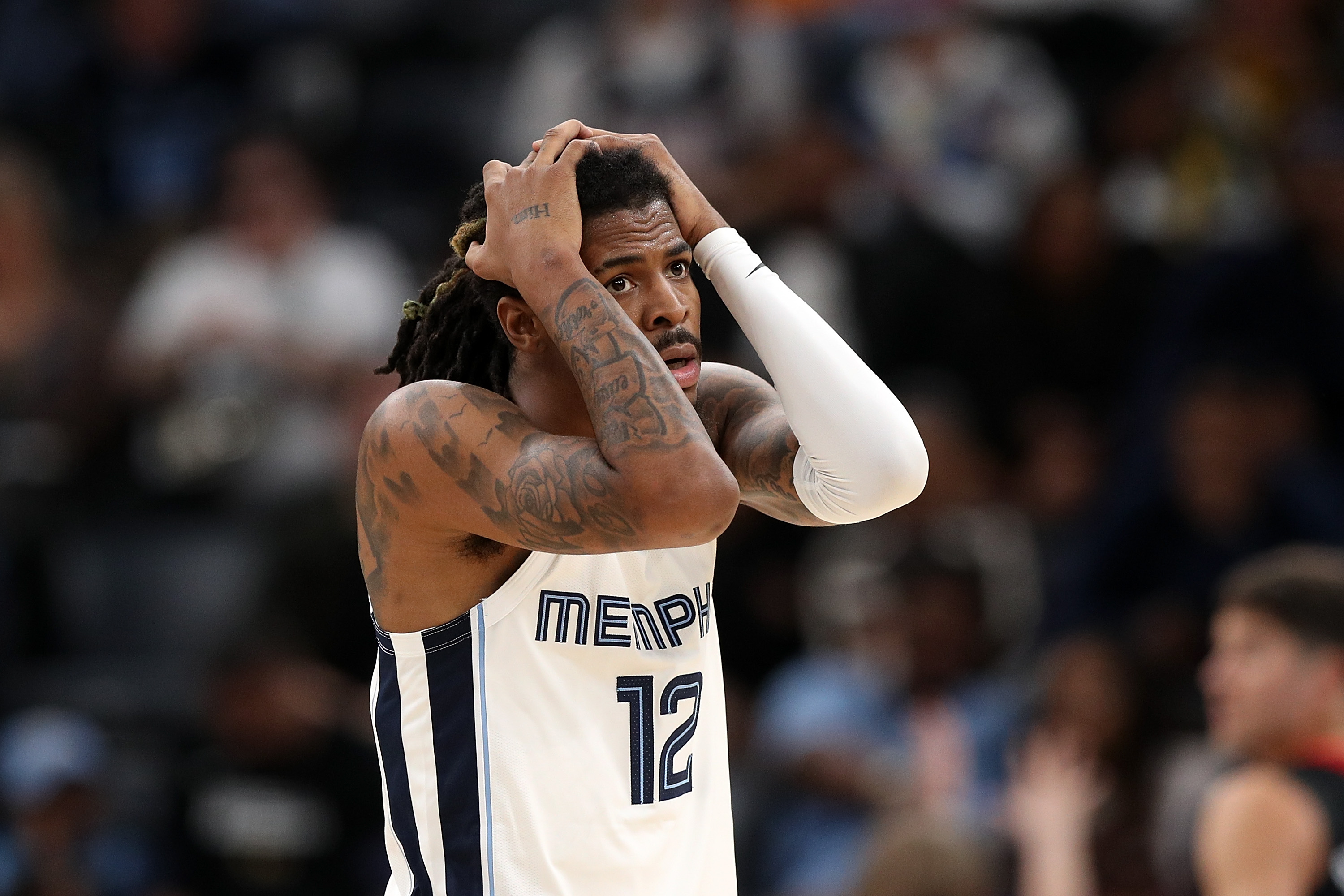 MEMPHIS, TENNESSEE - NOVEMBER 05: Ja Morant #12 of the Memphis Grizzlies reacts during the second half against the Houston Rockets at FedExForum on November 05, 2025 in Memphis, Tennessee. NOTE TO USER: User expressly acknowledges and agrees that, by downloading and or using this photograph, User is consenting to the terms and conditions of the Getty Images License Agreement. (Photo by Justin Ford/Getty Images)