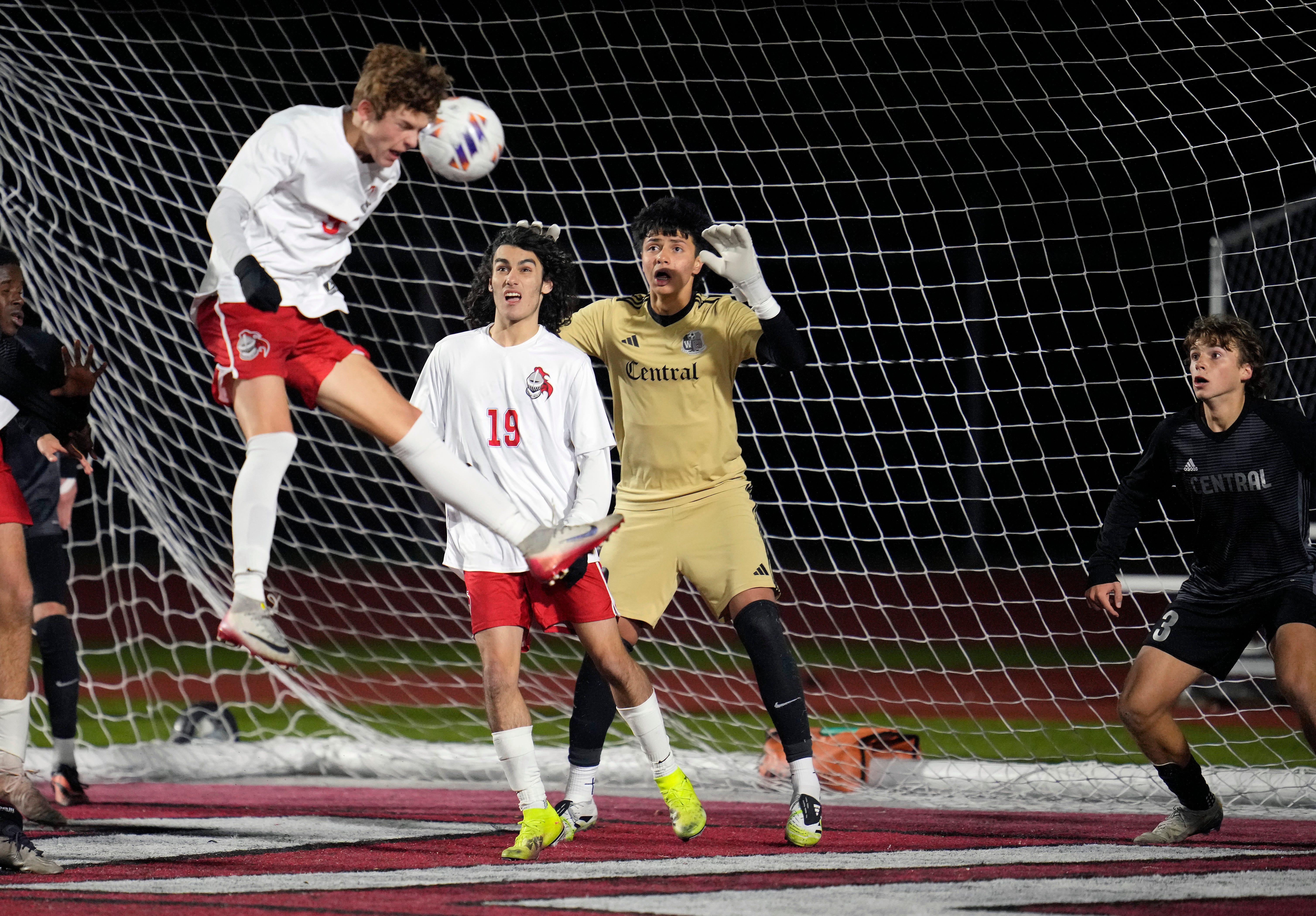 Kings High School's Kevin Cyrus (9) scores the game-winning goal on a header from a corner kick against Westerville Central High School in the second overtime during the Ohio High School Athletic Association Division II state semifinal boys soccer game Nov. 5, 2025, at London High School.