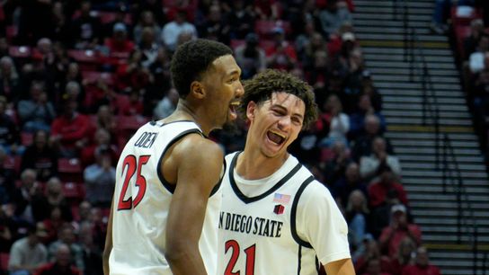 San Diego State forward Jeremiah Oden (25) and guard Miles Byrd (21) celebrate during an NCAA Basketball game against Long Beach State, Tuesday November 4, 2025 in San Diego, Calif.