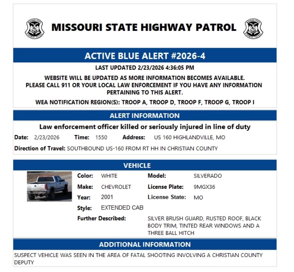 Missouri Blue Alert: Statewide Manhunt After Fatal Christian County Deputy Shooting